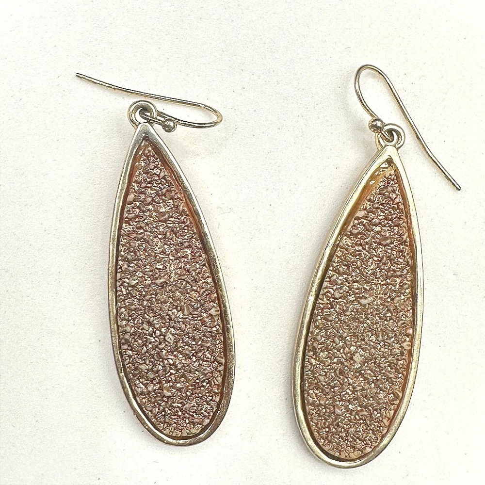 VTG Teardrop Dangle Earrings Rose Gold Drusy Silver Tone Metal Hook Drop Fashion
